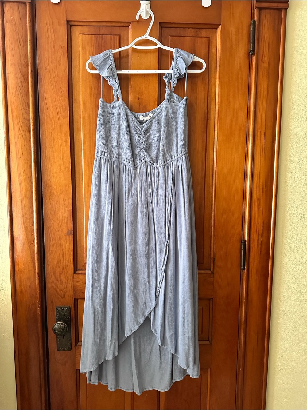Smocked Ruffle-Strap High-Low Dress in Light Blue